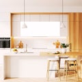 Modern White and Wooden Kitchen Interior with Large Island, Stools, and Foreground Wall Royalty Free Stock Photo