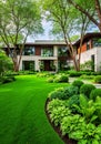 Nicely trimmed front yard with green grass in front of luxury house, manicured lawn, curb appeal, landscaping, pristine Royalty Free Stock Photo