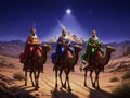 Three Wise Men or Magi traveling on camels through desert under starry night, Bethlehem nativity concept Royalty Free Stock Photo