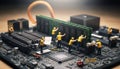 Miniature workers installing RAM memory on motherboard representing computer upgrade, IT maintenance and technology repair concept Royalty Free Stock Photo