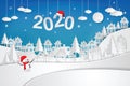 Happy new year and Christmas 2020 Snowman and Countryside landscape. Royalty Free Stock Photo