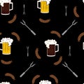 Oktoberfest beer mugs and bratwurst seamless pattern