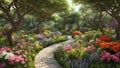 Beautiful nature garden illustration with sunlight, water, mountains and clouds