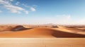 An untouched platform overlooking a minimalist desert landscape with vast sand dunes.