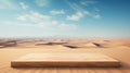 An untouched platform overlooking a minimalist desert landscape with vast sand dunes.