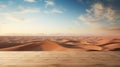 An untouched platform overlooking a minimalist desert landscape with vast sand dunes.