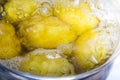 Untreated potatoes boil in a pot on a gas stove.