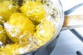 Untreated potatoes boil in a pot on a gas stove.