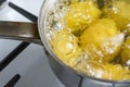 Untreated potatoes boil in a pot on a gas stove.