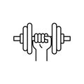 Strong hand lifting up steel dumbbell icon, Gym equipment.