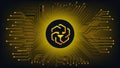 Unus Sed Leo cryptocurrency token symbol in circle on abstract digital background with pcb tracks.