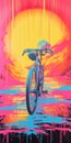 Vibrant Sunset Bike Painting With Intense Chromaticism And Pop-inspired Realism