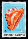 Unused post stamp Maldives 1975, Dwarf Helmet, Cassis nana sea shell