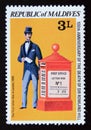 Unused post stamp Maldives 1979, First Mailbox, London 1855 Royalty Free Stock Photo