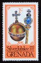 Unused postage stamp Grenada 1977, Orb and sceptre royalty jewelry