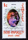 Unused postage stamp Jamaica 1981, Portrait of Bob Marley and song title Survival