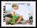 Unused postage stamp Tanzania 1991, Ali Hassan Mwinyi, President planting tree