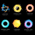 Unusual abstract geometric shapes vector logo set. Circular, polygonal colorful logotypes collection on the black