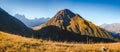 Unusual alpine range in sunlight. Location Juta village, Georgia country, Europe. Main Caucasian ridge