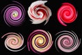 Unusual background many different spirals swirls on black, colorful pattern, original texture, interesant textile print, Royalty Free Stock Photo