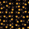 Unusual background with yellow beetles Lucanus on black, horror halloween, exotic seamless pattern