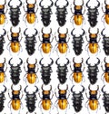 Unusual background with yellow black beetles Lucanus, horror halloween, exotic seamless pattern