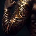 Unusual beautiful golden tattoo on a dark-skinned strong male hand close-up, for advertising tattoo parlors Royalty Free Stock Photo