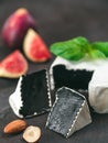 Unusual black camembert cheese with white mildew