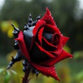 Unusual black red rose with dew drops close-up, unusual flower, gorgeous floral background, original wallpaper, Royalty Free Stock Photo