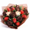 Unusual bouquet of chocolate roses and strawberries, close-up on a white background, great gift,