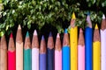 Unusual bright colour fence made of tall big pencils outdoors