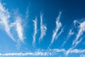 An unusual celestial landscape with white clouds. White puffy clouds in the form of rays spread out from the horizon. A lonely