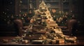 An unusual Christmas tree made of books stands in the living room Royalty Free Stock Photo