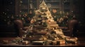 An unusual Christmas tree made of books stands in the living room