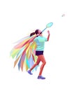 Unusual colorful triangle athlete. Geometric polygonal professional female badminton player