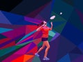 Unusual colorful triangle background. Geometric polygonal professional female badminton player