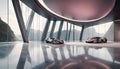 Unusual concept car of the future, 3D illustration with empty concrete floor under open night starry sky