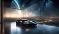 Unusual concept car of the future, 3D illustration with empty concrete floor under open night starry sky