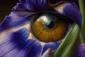 Unusual concept, close up high detail eye ball within iris flower