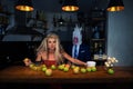 Unusual couple at bar counter in stylish kitchen