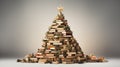 An unusual, creative Christmas tree made of books and fir branches stands on a gray background Royalty Free Stock Photo