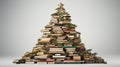 An unusual, creative Christmas tree made of books and fir branches stands on a white background Royalty Free Stock Photo