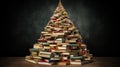 An unusual, creative Christmas tree made of books stands on dark background Royalty Free Stock Photo