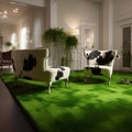 Unusual creative interior of the living room, carpet like green meadow, black and white chairs painted like cows Royalty Free Stock Photo