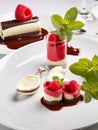 Unusual dessert: white and dark chocolate cannelloni with delicate mascarpone mousse and raspberries