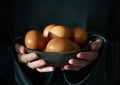 Unusual Easter on dark background. Bowl of brown eggs with hands