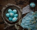 Unusual Easter on dark old background. Ceramic brown bowl with blue eggs with rabbit