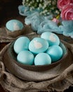 Unusual Easter on dark old background. Concept of new life, rebirth. Rustic style