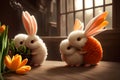 Unusual Easter symbols, fluffy white rabbit-fish creatures. AI generated illustration