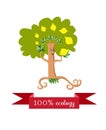 Unusual ecology icon. Cheerful dancing lemon tree, juggling fruit on white background